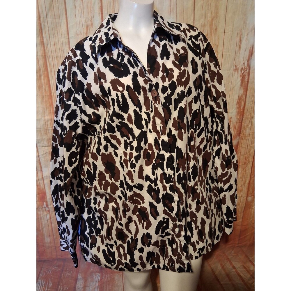Foxcroft Leopard Print Long Sleeve Button Up Blouse Sz 18W